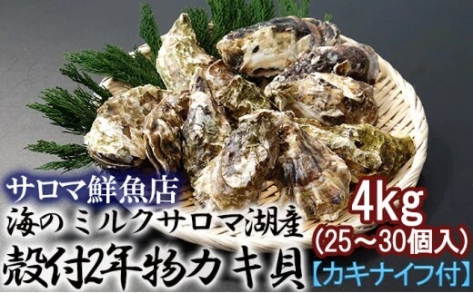 海のミルクサロマ湖産殻付2年物カキ貝 4kg（25～30個入）カキナイフ付