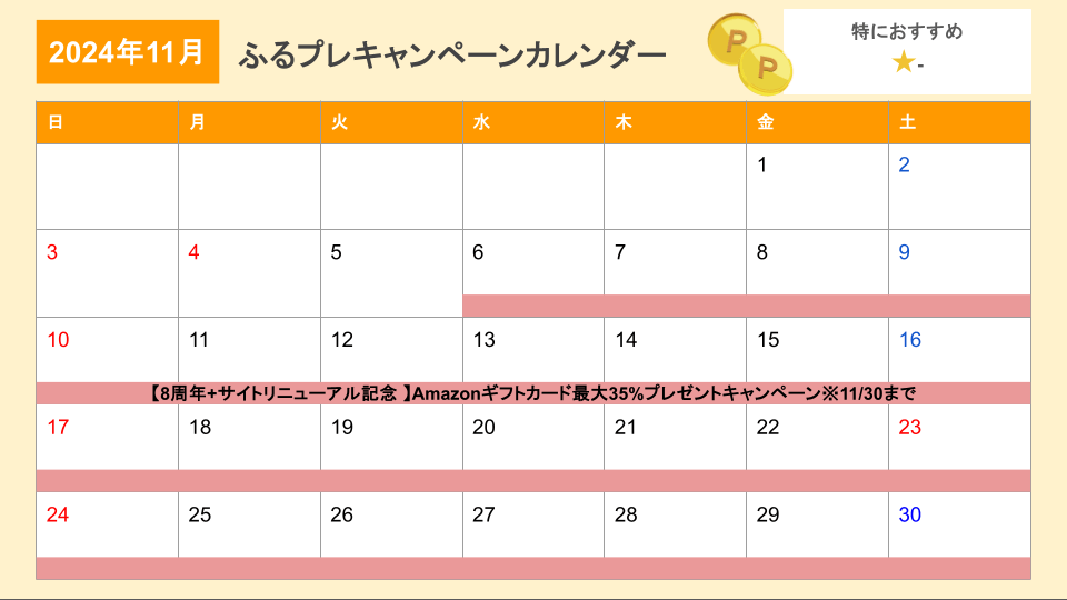 ふるさとプレミアム2024年11月キャンペーンカレンダー