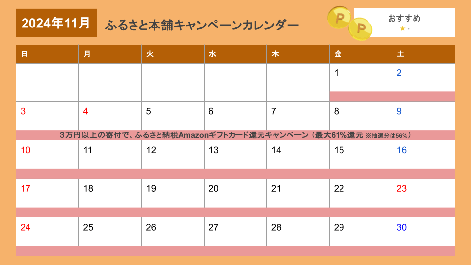 ふるさと本舗2024年11月キャンペーンカレンダー