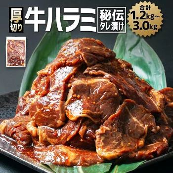 【ふるさと納税】厚切り！秘伝タレ漬け牛ハラミ（サガリ）※タレ込み_01551 | 牛肉 焼肉 焼き肉 タレ 漬け 厚切り にく 小分け 個包装 冷凍 セット BBQ アウトドア キャンプ 大人気