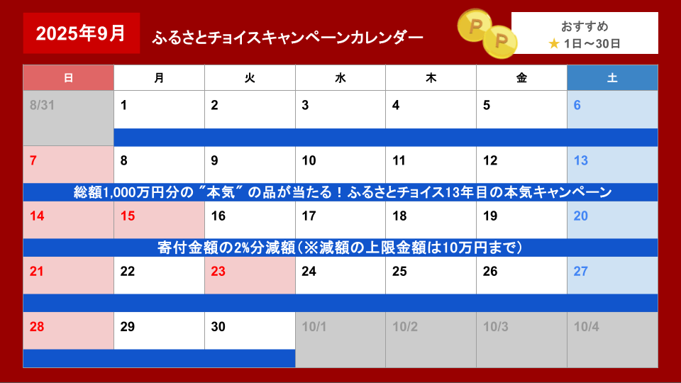 ふるさとチョイスキャンペーンカレンダー（更新日2025年9月）