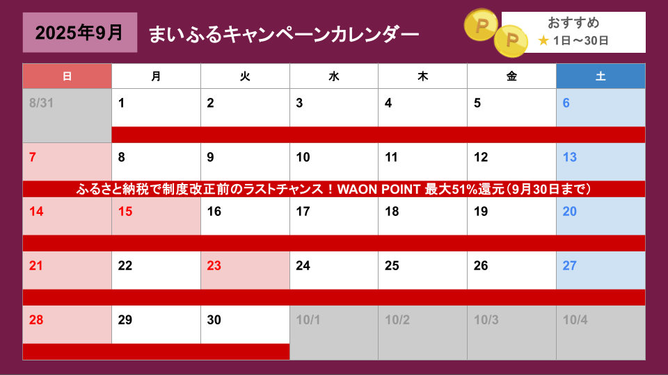 まいふるキャンペーンカレンダー（更新日2025年9月）